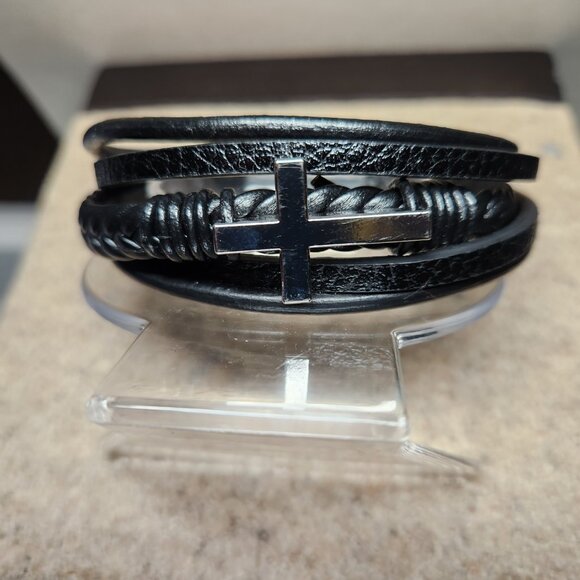 LEATHER 3 JOINED BRACELETS STAINLESS CLASP SILVER CROSS ADJUSTABLE UNISEX NWT - Picture 5 of 9